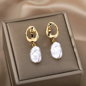 Oval Stud Pearl Drop Earrings